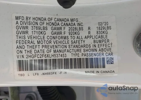 2020 Honda Civic Lx z USA, uszkodzony, nr VIN 2HGFC2F6XLH537453